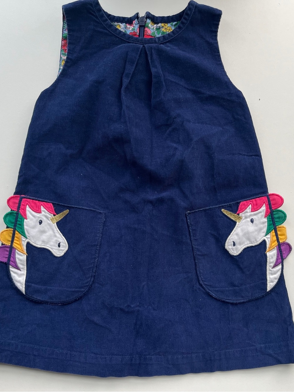 Mini Boden Navy Corduroy Dress with Unicorn Pocket Appliqués